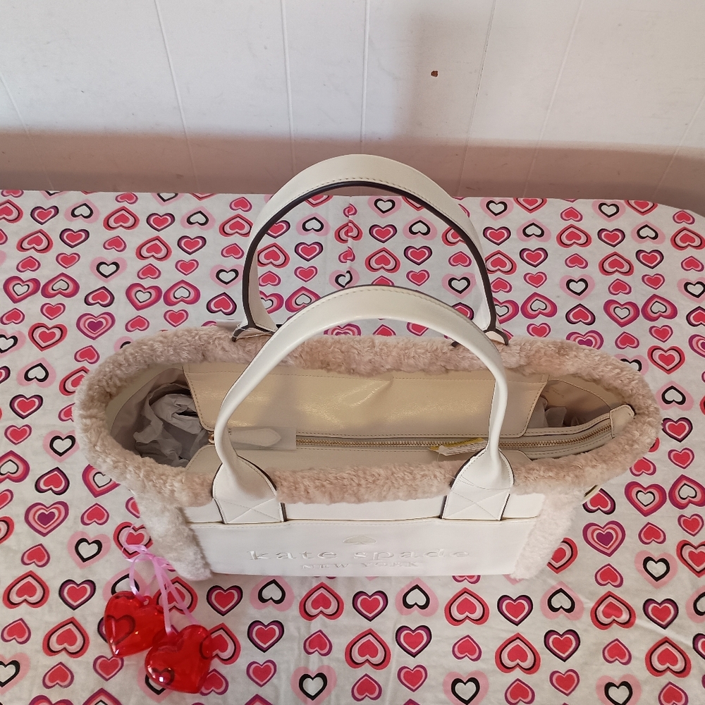 SOLD- NWT Kate Spade Meringue Cream White Jett Shearling Trim Large Tote Purse - Picture 3 of 16